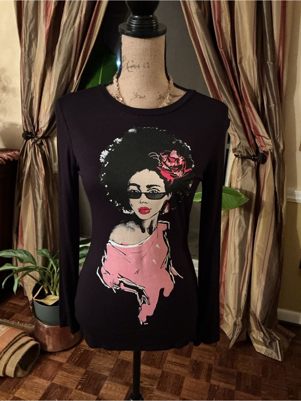 Black Long-Sleeve Graphic Tee with Pink Accents